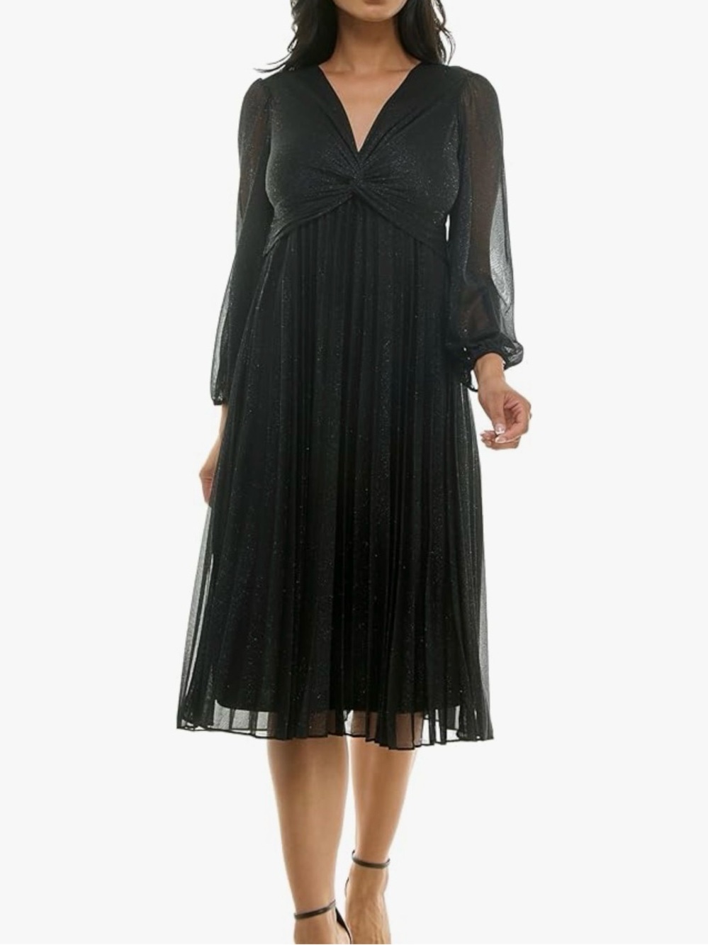 Long Sleeve Shimmer V Neck Twist Empire Waist Pleated Midi Dress 10